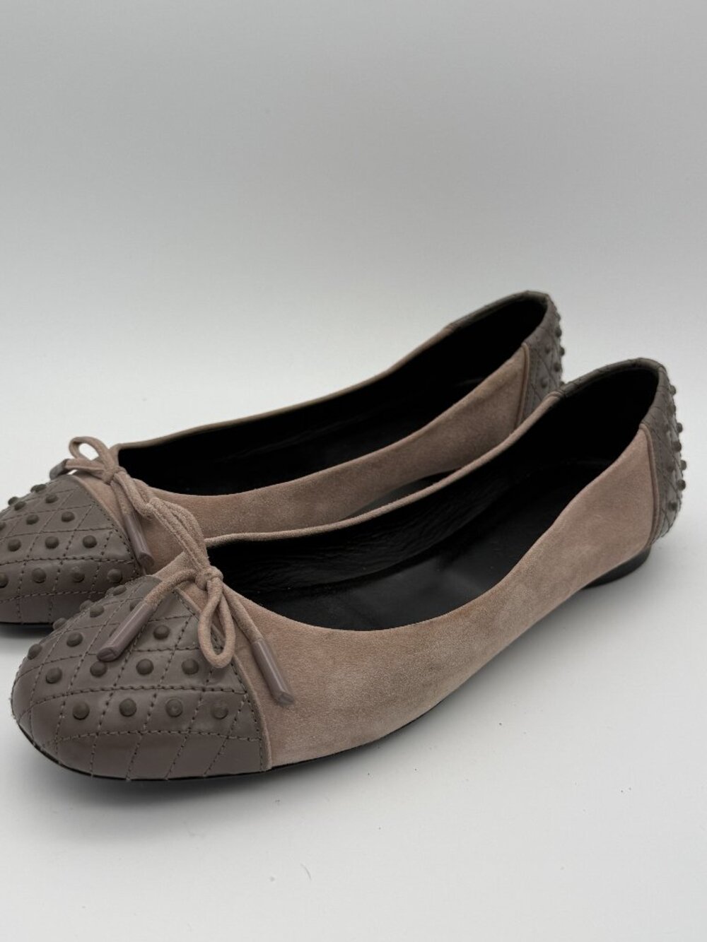 TOD'S Gommino Suede Driving Ballet Flats Bow Pink Taupe Size 8.5
